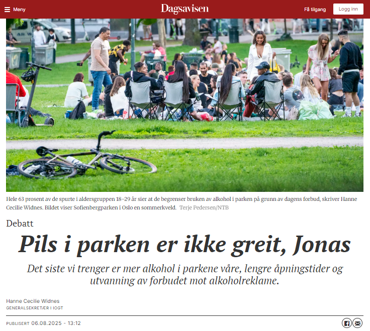 Faksimile fra Dagsavisen: Debatt  Pils i parken er ikke greit, Jonas Det siste vi trenger er mer alkohol i parkene våre, lengre åpningstider og utvanning av forbudet mot alkoholreklame.